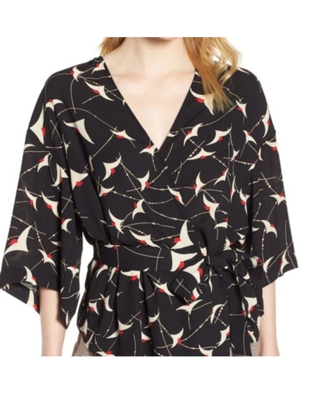 Trouvé Black Wrap Kimono Top with Cream and Red Print